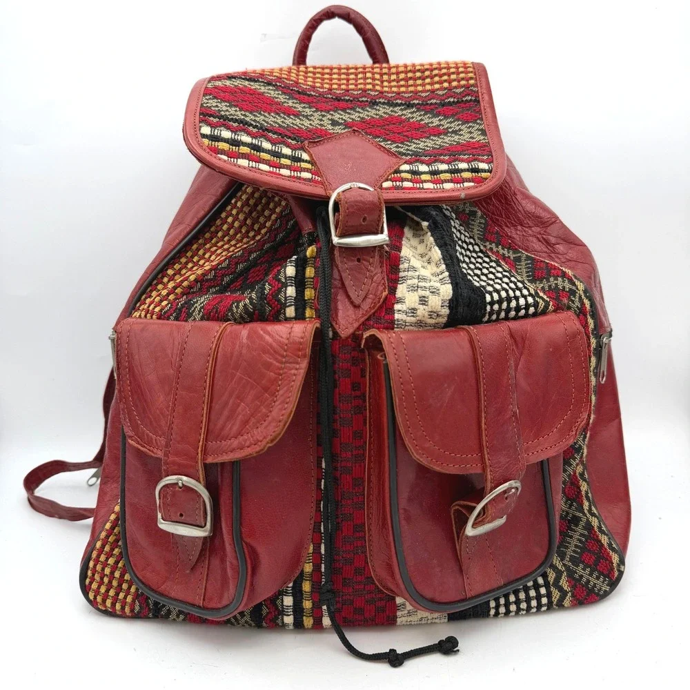 Vtg Moroccan Backpack Leather Woven Textile Kilim Handcrafted Tribal Boho Bag
